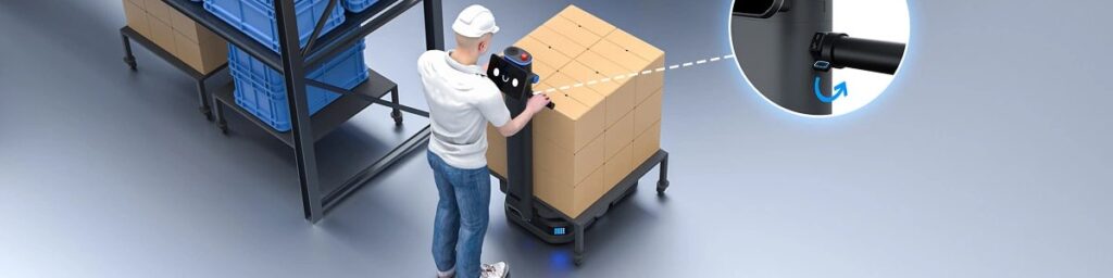 JOY13 industrial AMR with power-assist mode helping warehouse operators move heavy materials efficiently and safely.