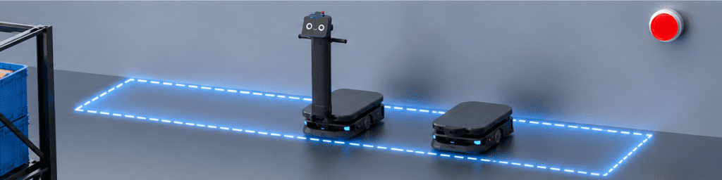 JOY13U autonomous underride mobile robot navigating a factory floor, demonstrating obstacle detection and intelligent safety alerts during material transport operations.