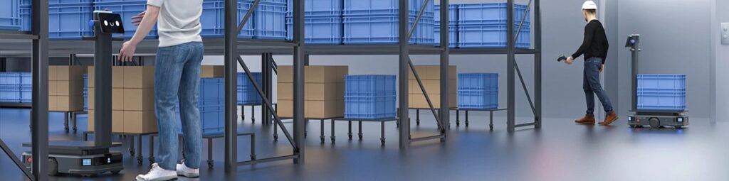 JOY3 industrial AMR transporting materials in a warehouse with autonomous navigation and human-robot collaboration.