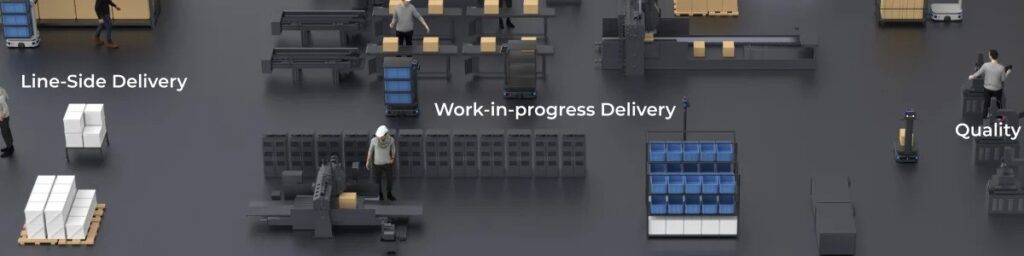 Autonomous JOY6 mobile robots performing material transport, line-side delivery, work-in-progress movement, quality inspection logistics, and finished goods delivery in a smart manufacturing facility.
