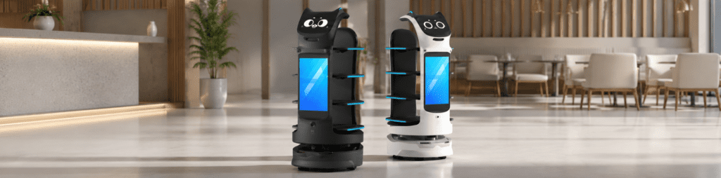 Two autonomous KIWI PRO service robots, one black and one white, stand in a modern hospitality environment. The robots feature expressive digital faces, integrated display screens, and multiple serving trays.