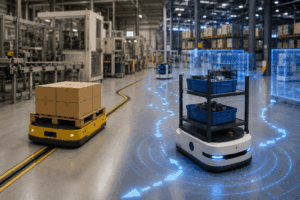 AGV and AMR robots operating in a warehouse, showing fixed-path transport and autonomous mobile robot navigation.