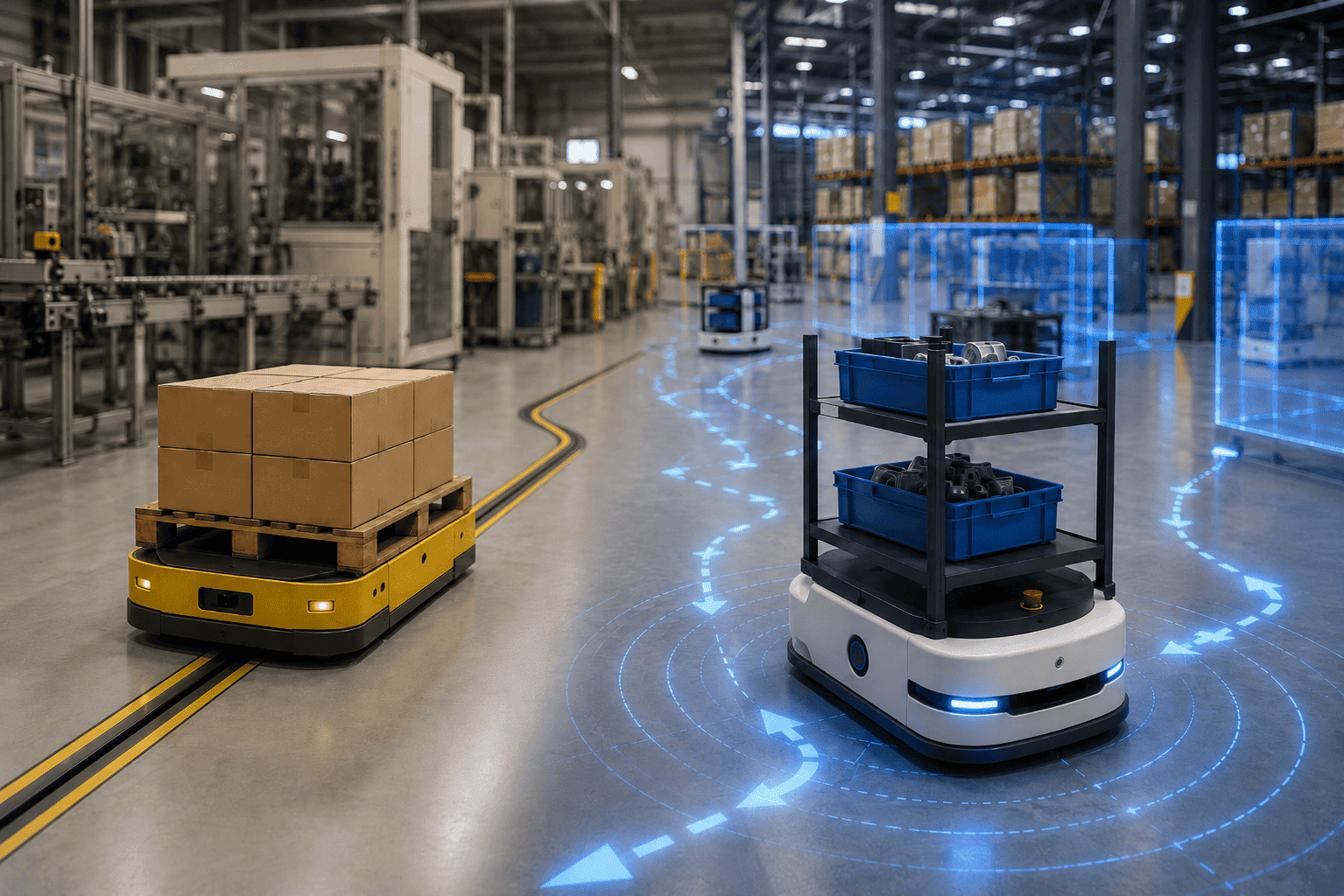AGV and AMR robots operating in a warehouse, showing fixed-path transport and autonomous mobile robot navigation.