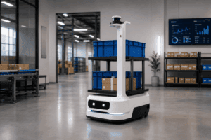 AMR warehouse automation robot transporting blue bins and packages near a warehouse conveyor system
