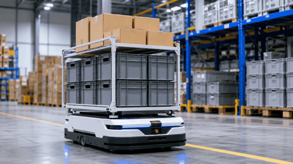 Heavy-duty warehouse AMR carrying stacked containers and cardboard boxes in an industrial facility
