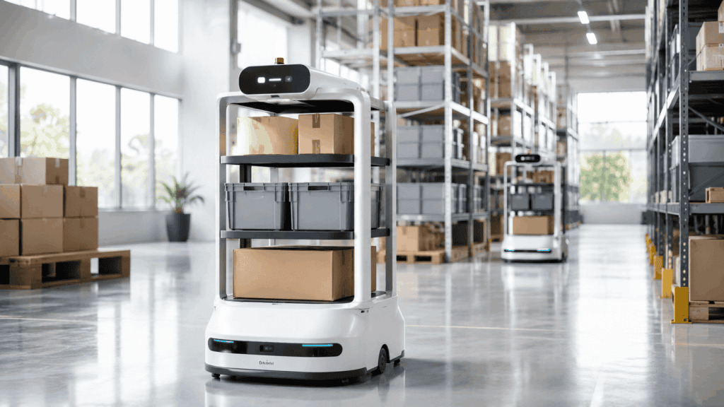Two autonomous mobile robots moving boxes and storage totes through a modern warehouse