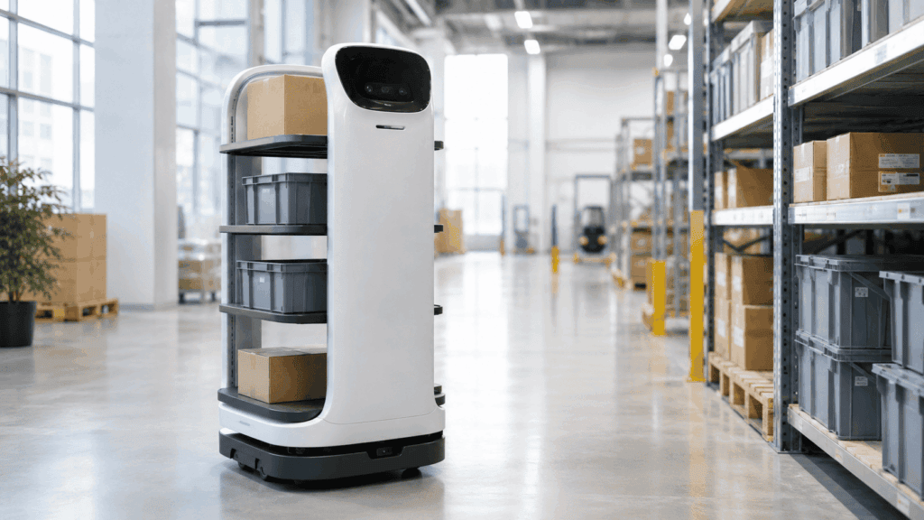 White autonomous mobile robot transporting boxes and storage bins through a warehouse aisle