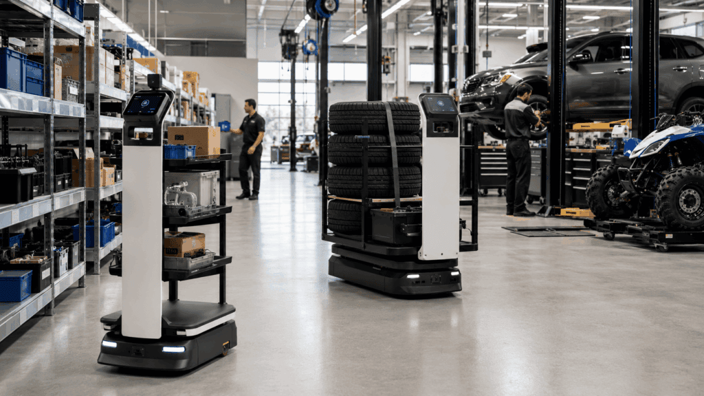Two autonomous mobile robots transporting parts, supplies, and tires through an automotive and powersports workshop.