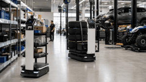 Two autonomous mobile robots transporting parts, supplies, and tires through an automotive and powersports workshop.