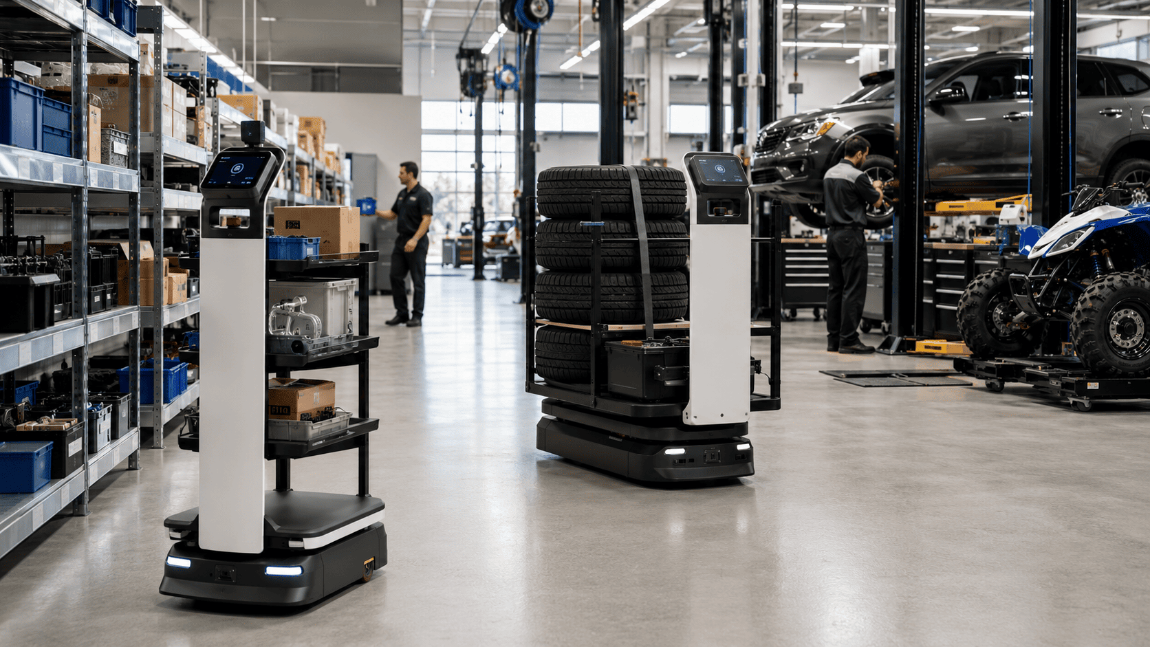 Two autonomous mobile robots transporting parts, supplies, and tires through an automotive and powersports workshop.