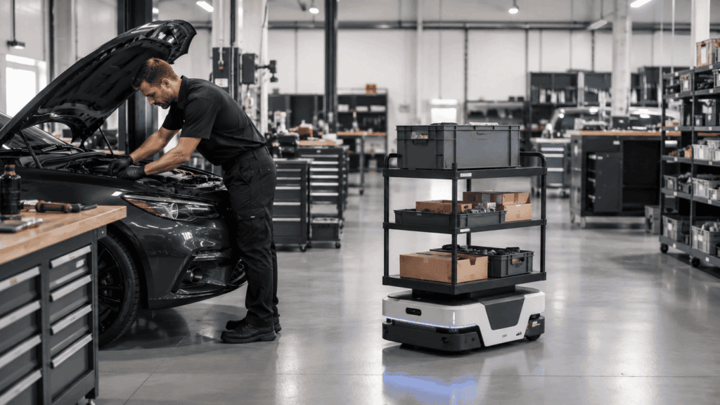 Automotive technician repairing a vehicle while an autonomous mobile robot delivers parts and boxed components.