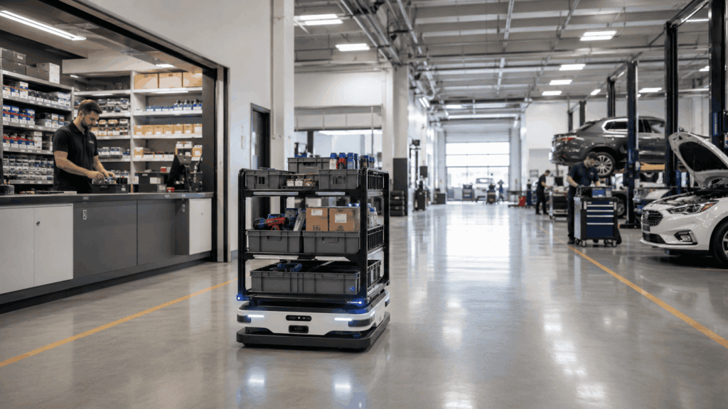 Automotive shop automation using an autonomous mobile robot to transport parts and supplies from the parts department.