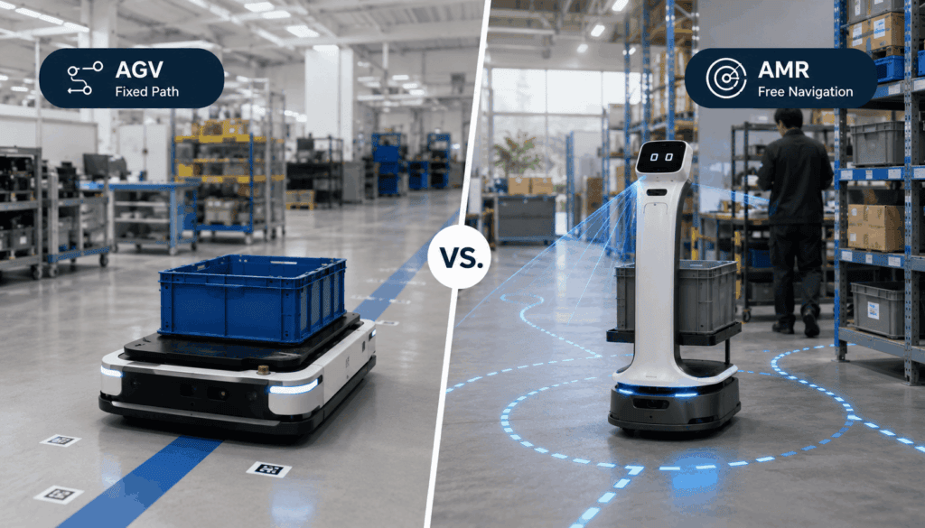 AGV vs AMR comparison showing a fixed-path robot and an autonomous mobile robot in a shop