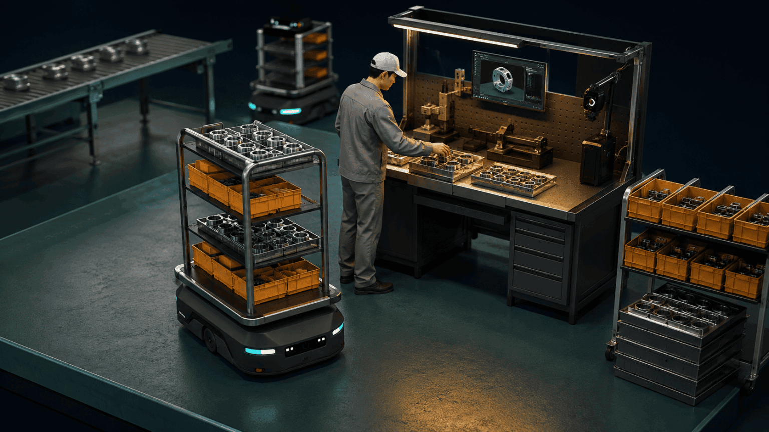 AMR reducing repetitive material transport at a production workstation