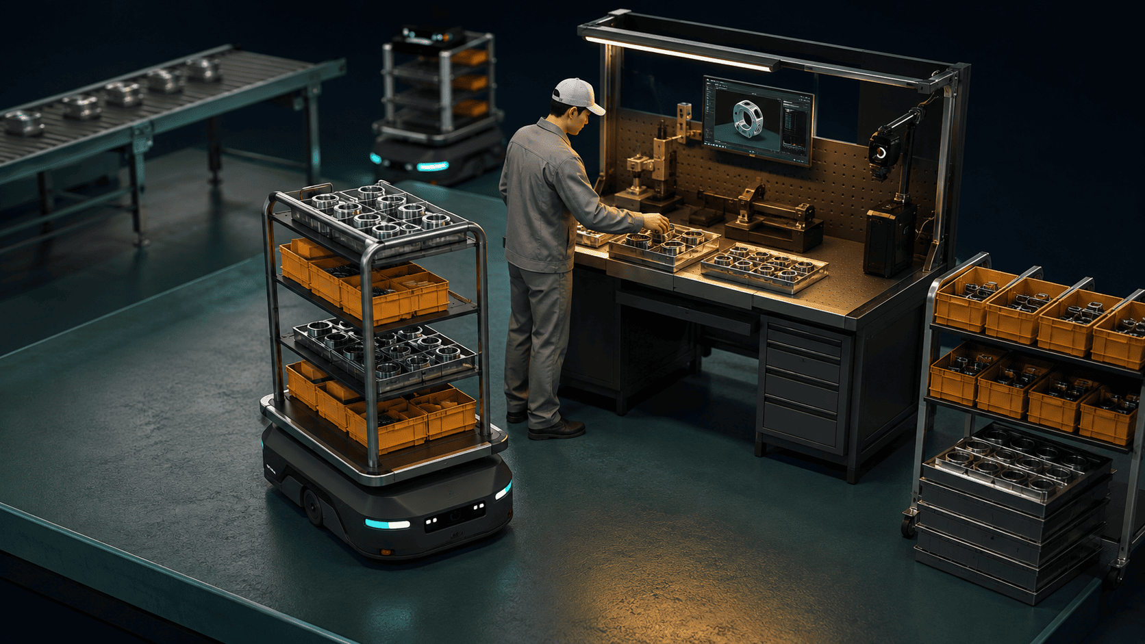 AMR reducing repetitive material transport at a production workstation