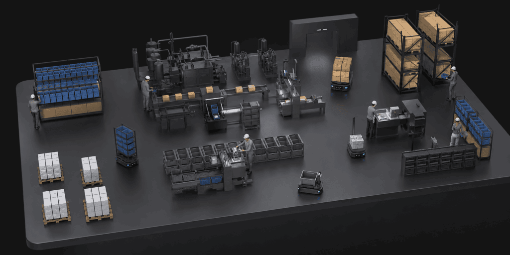 AMRs handling repetitive material transport across an industrial facility