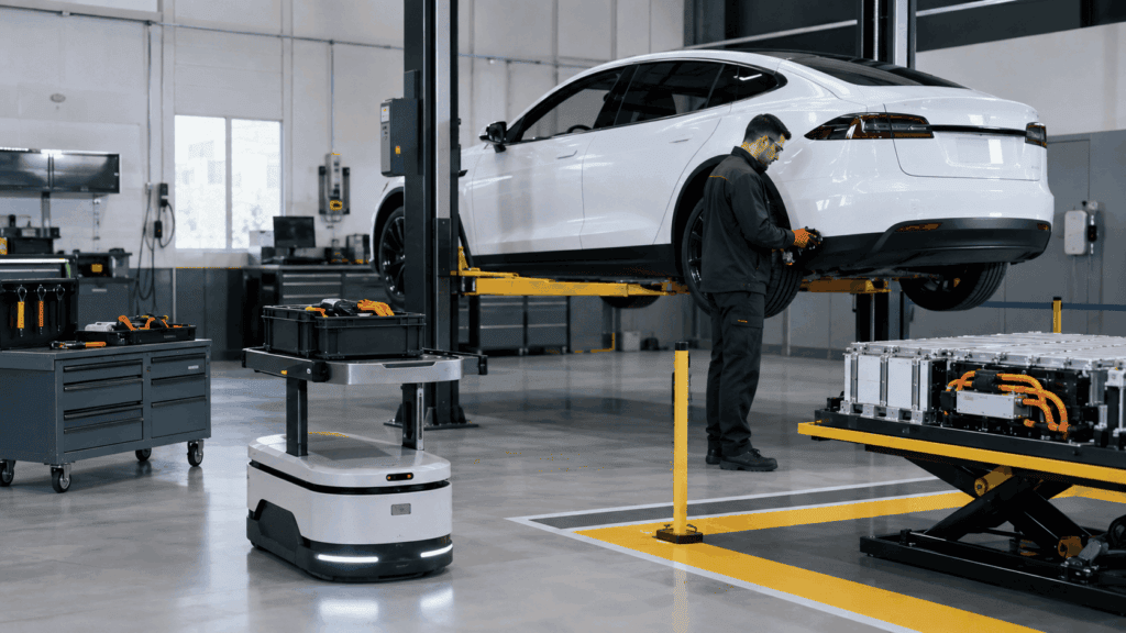 EV service workflow with an autonomous mobile robot supporting technicians in an automotive shop