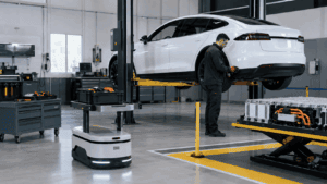 EV service workflow with an autonomous mobile robot supporting technicians in an automotive shop